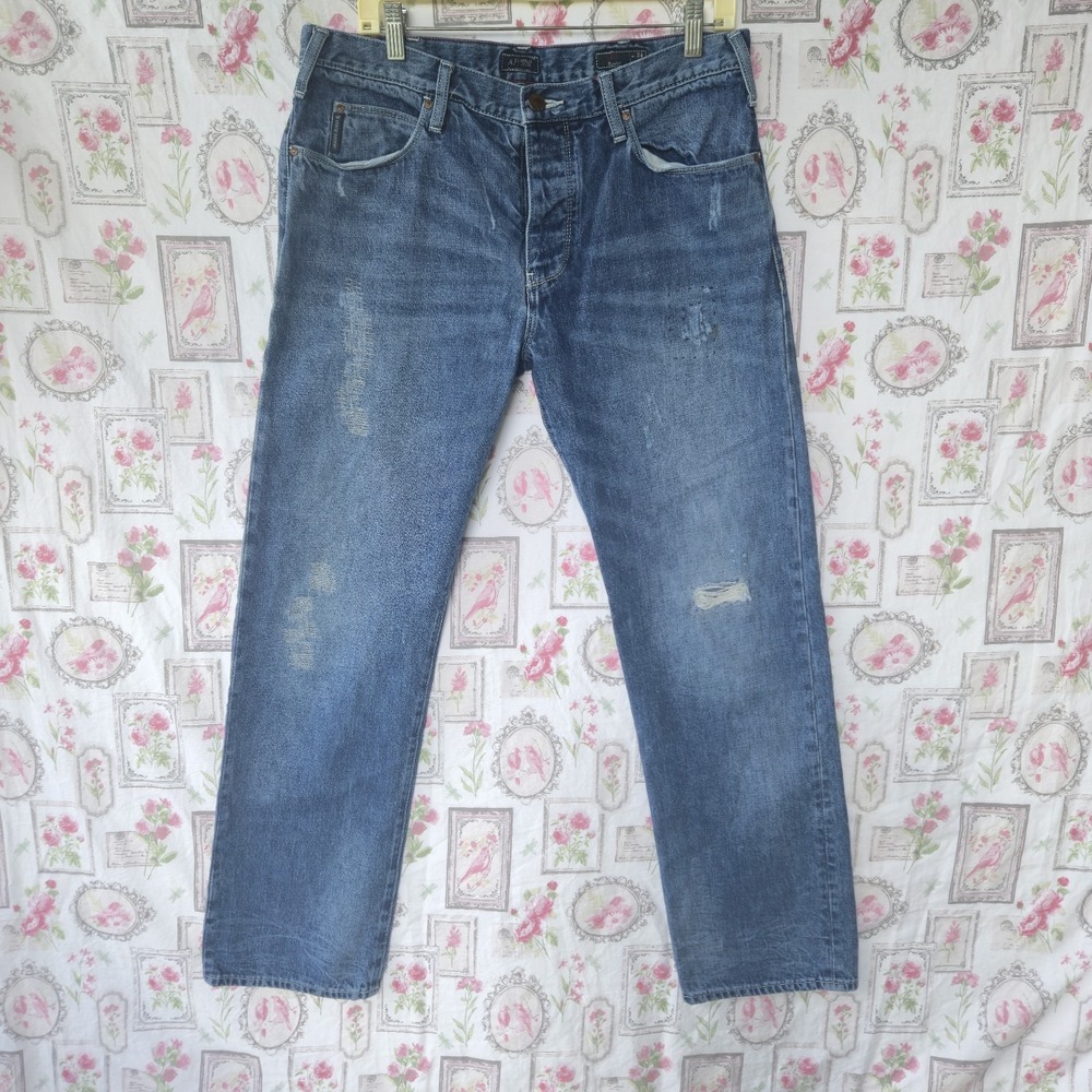Armani Jeans J21 Regular Fit Men Distress Blue Denim Jeans Pants Size 34x32 AJ